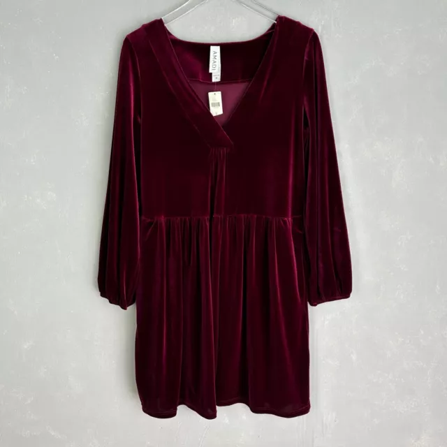 Anthropologie Amadi size M burgundy velvet short dress long sleeve v-neck NWT