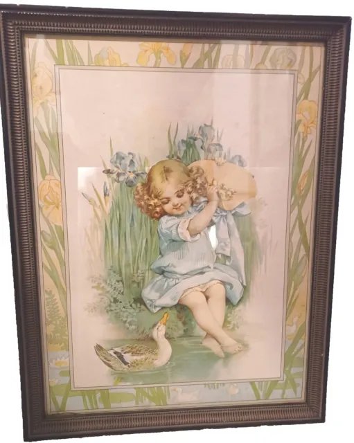 Antigue Victorian Chronolithogragh Darling Little Girl w/ Duck in Original Frame