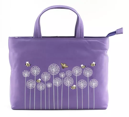 Mala Leather MoonFlower Bee Flower Detail Grab Shoulder Handbag Dust Bag Purple