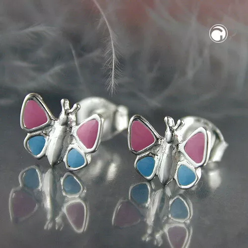 Ohrstecker Ohrring 7x8mm Kinderohrring Schmetterling hellblau-pink Silber 925 2