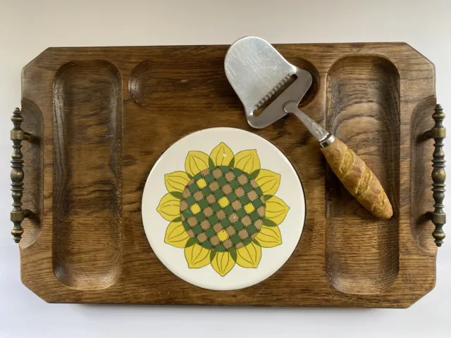 Vintage MCM Teak Wood Cheese Crackers Tile Cutting Board Snack Tray With Handles