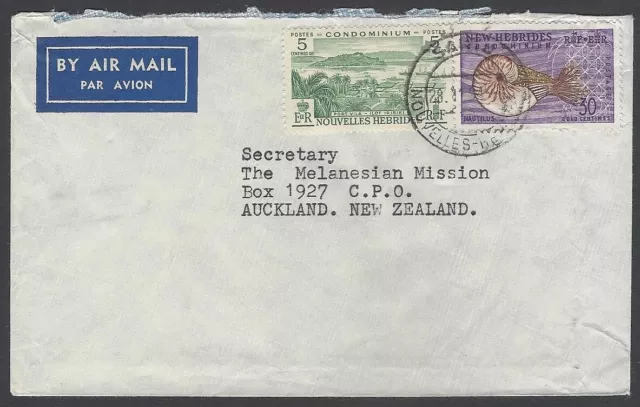 AOP New Hebrides 1957 5c & 1963 30c on cover to New Zealand