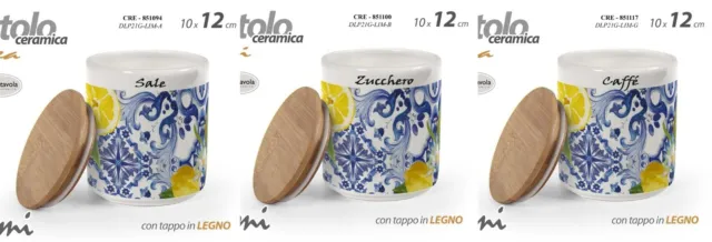 SET 3 Barattoli Sale Zucchero Caffè Tris TONDO CERAMICA TAPPO LEGNO Mosaico 12cm