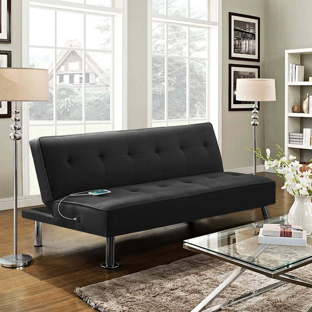 MODERN FABRIC CONVERTIBLE Futon with USB Lounger Sleepr Sofa Bed Home