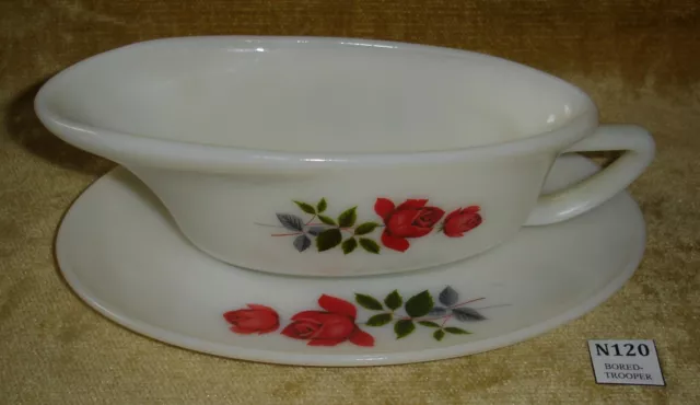 Vntage JAJ Pyrex  Made in ENGLAND, JUNE ROSE Glass Sauce GRAVY BOAT Jug & SAUCER