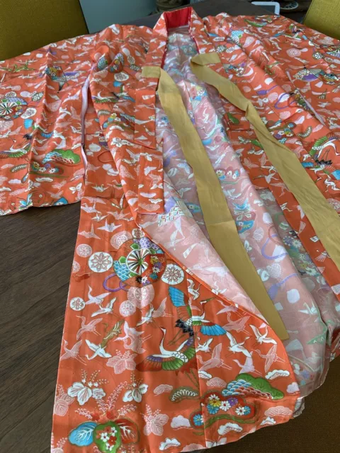 VINTAGE JAPANESE  KIMONO Silk Handmade Hand Sewn Orange Floral Butterfly