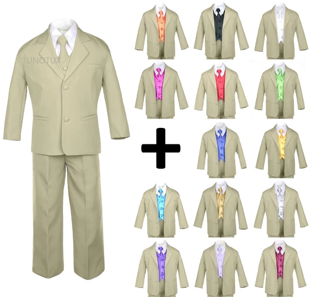 7pc 14 Color Vest Necktie Baby Toddler Teen Formal Tuxedo Boy Khaki Suit Sz S-20