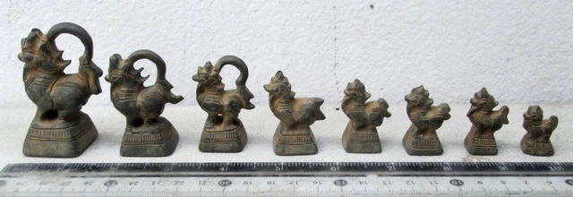 Superb Old Bronze Opium Weight Set 8 Singh Lions
