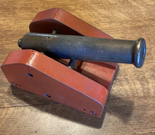 20th C. heavy cast bronze barreled Signal Cannon, wooden carriage￼, 7lbs.