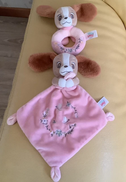 TBE Doudou plat chien la belle et le clochard beige rose fleurs Disney baby