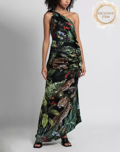 RRP €2750 DOLCE & GABBANA One-Shoulder Dress IT40 US4 UK8 XS Silk Blend Jungle