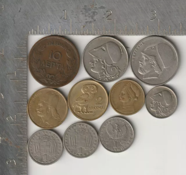 Greece Qty 10 Coin Lot 1869-1982 Pre-Euro Greek Drachmas multiple denominations