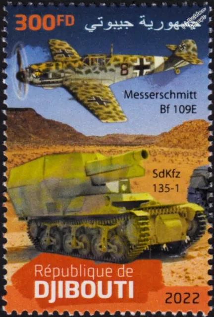 WWII BATTLE OF EL ALAMEIN Sd.Kfz 135-1 Gun Bf.109 Aircraft Stamp (2022 Djibouti)