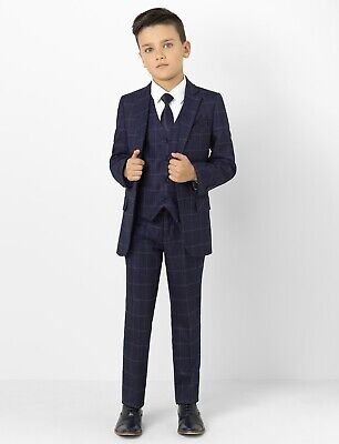 Ragazzo 5 Pezzi Suit Età 11 ANNI Blu Navy Check Designer Suit Paisley di Londra mozzafiato