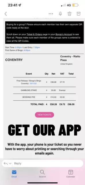 4 bongo bingo tickets - Coventry - 19/11/2022