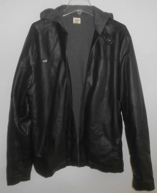 Men's Ambig Black Faux Leather Zip Up Hoodie Jacket Size XL Sweatshirt Lined