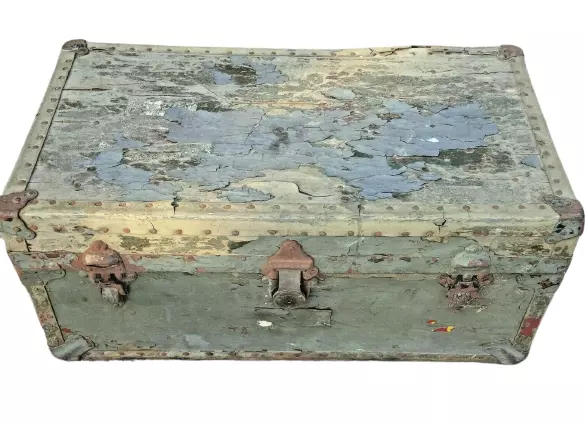 Antique Steam Trunk Original Hardware Metal Eagle Lock Company Chest we ship$$