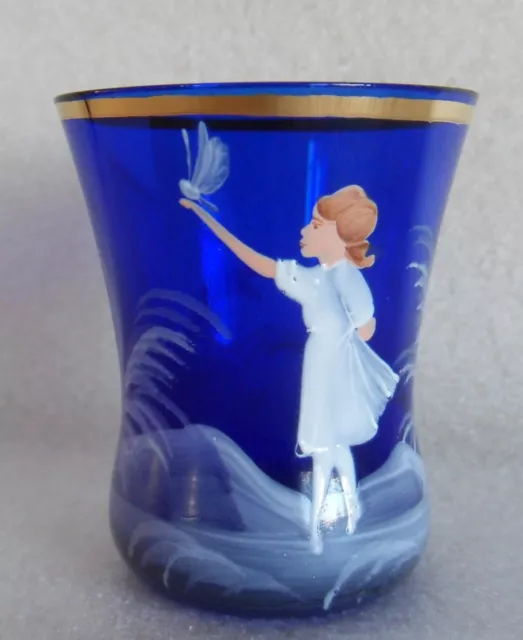 Vintage Mary Gregory Cobalt Blue Glass Vase Girl w/ Butterfly Bird Gold Accent