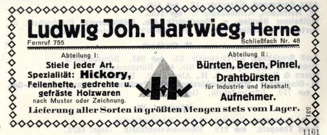 Ludwig Joh.Hartwieg Herne HICKORY HOLZWAREN Historische Reklame 1925