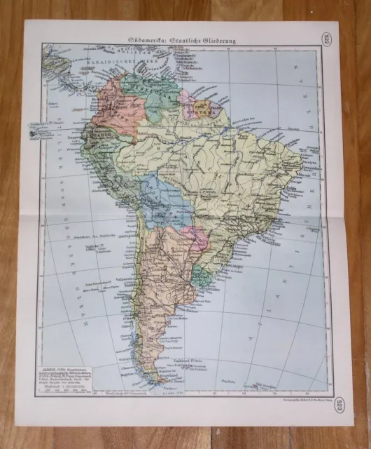 1937 Original Vintage Political Map Of South America Argentina Brazil Peru Chile
