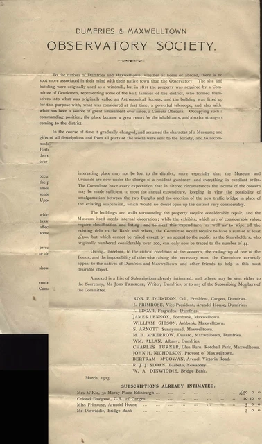 1913 DUMFRIES & MAXWELLTOWN OBSERVATORY SOCIETY appeal for repairs of building