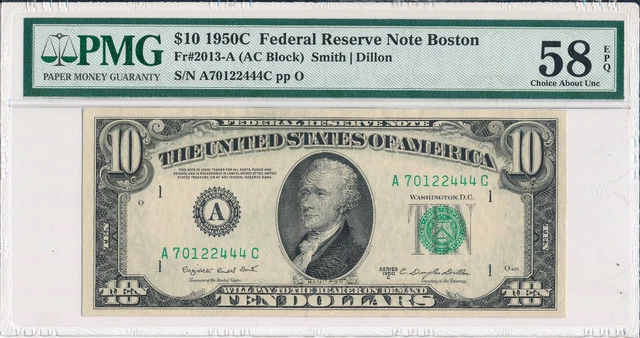 1950-C $10 Federal Reserve Note Boston Dist **Pmg Certified Choice Au 58 Epq**