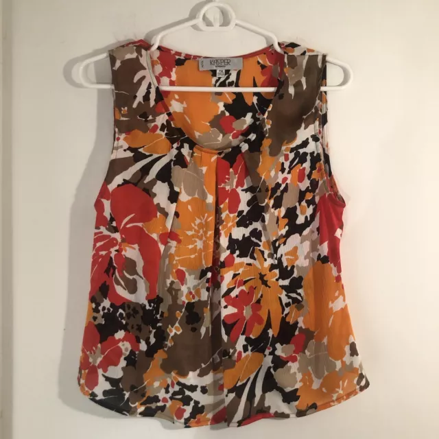 Kasper Petites Colorful Sleeveless Pleated Orange White Top Blouse Sz PM