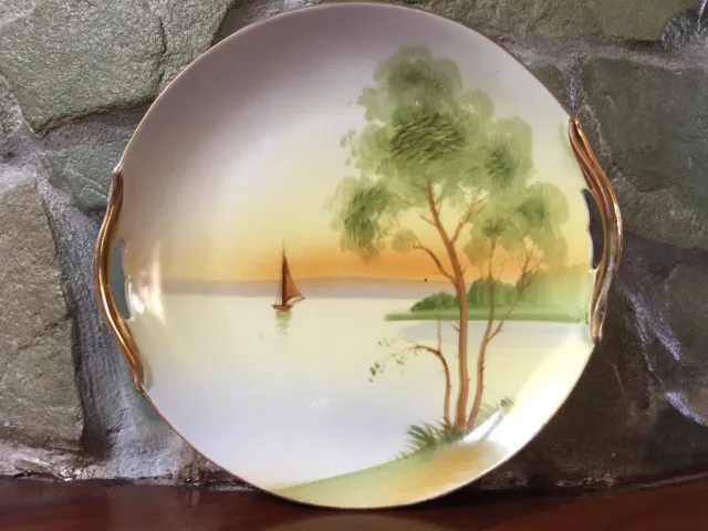 Vintage Nippon Hand Painted Sailboat Sunset 9 3/4" Porcelain Plate With Handles
