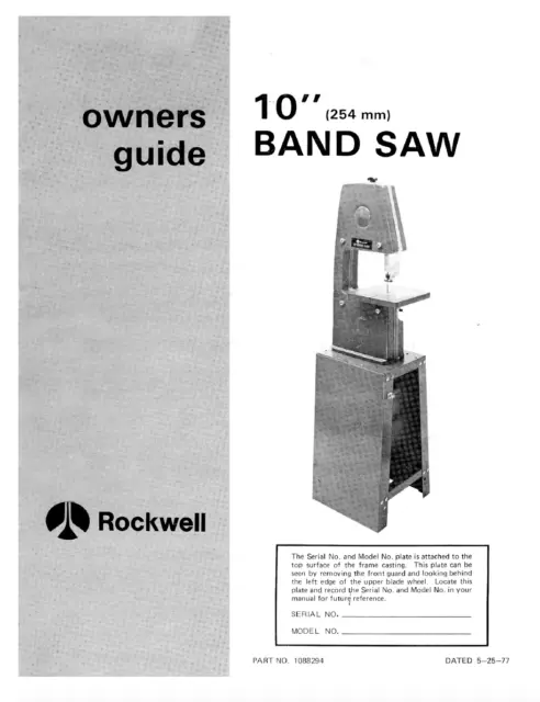 Delta 28-100 10 inch Bench Band Saw Instruction Maintenance & Parts Manual