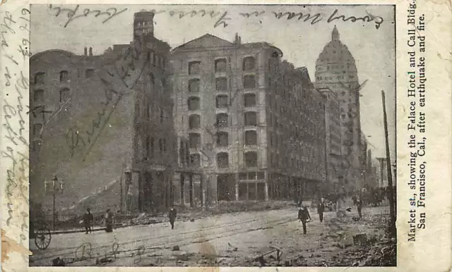 Postcard San Francisco, California 1906 Earthquake - Market St, Palace Hotel