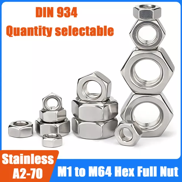 Hex Full Nut Hexagon Nuts Din 934 A2 Stainless Steel M1 M2 M3 M4 M5 M6 M8 - M64