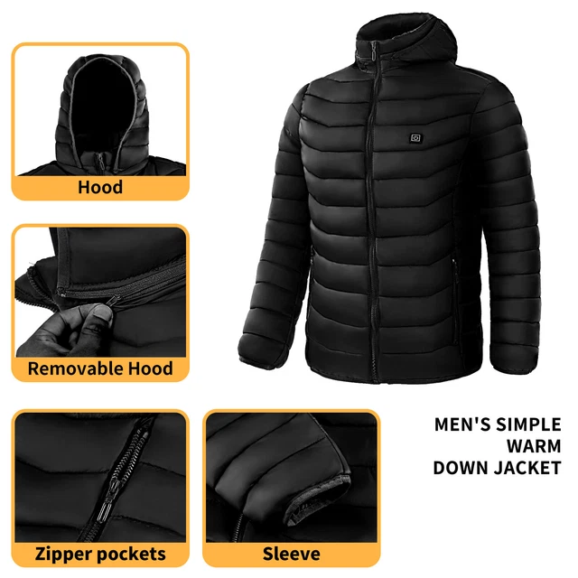 Heated Puffer Jacket Electric Heating Coat Insulated Hood Windbreaker 9Heat