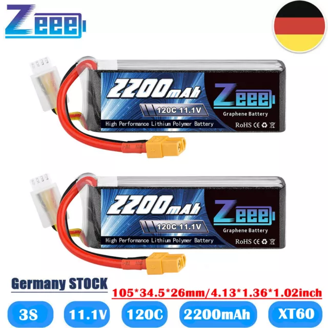 2x Zeee 3S Lipo Akku Batterie 11.1V 120C 2200mAh XT60 für RC Auto Drone Flugzeug