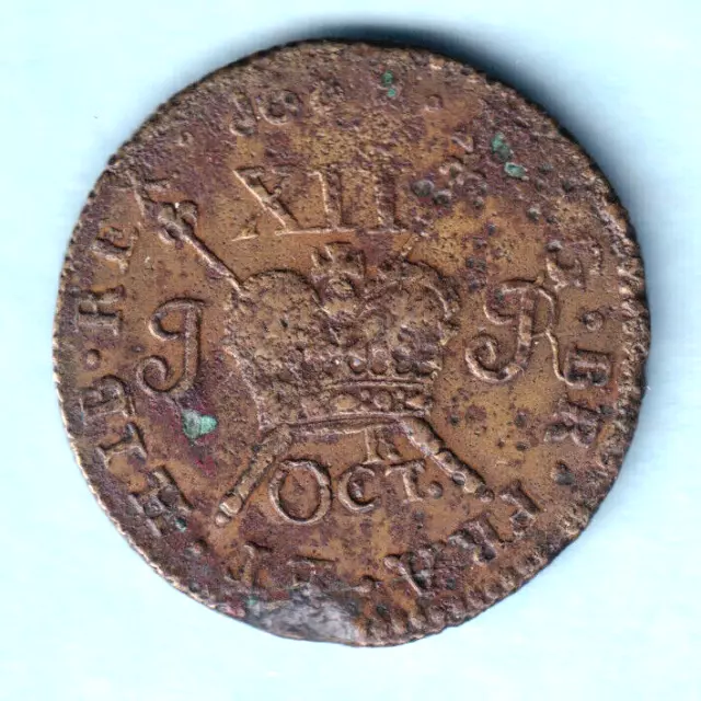 Ireland - Gunmoney. 1689 OCTR. : - James 11, Shilling..  Large size.. VF/aVF