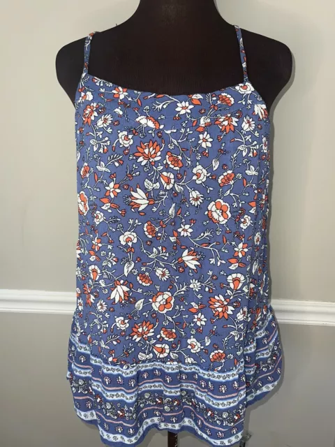 Old Navy Blue Coral Floral Print Swing Adjustable Strap Tank Top Blouse Womens L