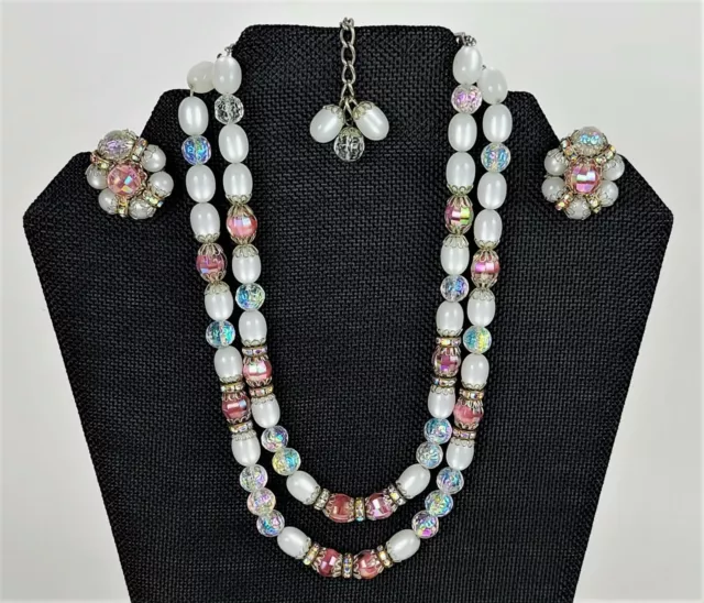 Vtg Hobé Demi Parure Double Strand Moonglow and AB Crystal Necklace + Earrings