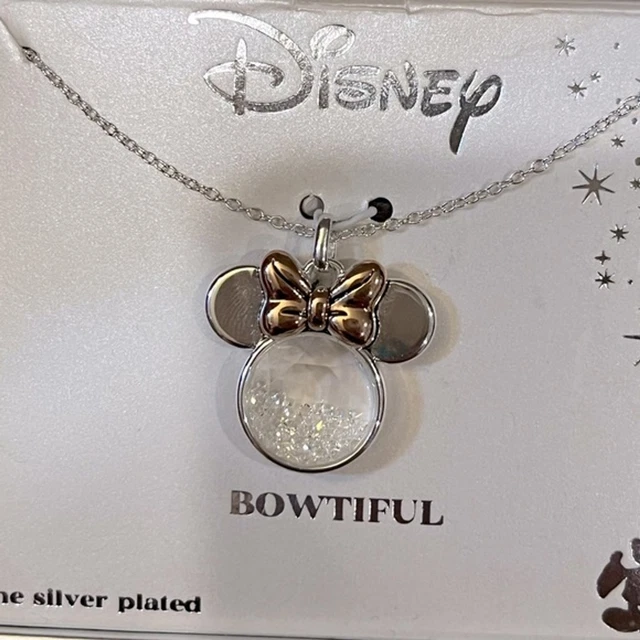 Disney Minnie Mouse Necklace Silver Plated with Gold Tone Bow Clear Stones NIB