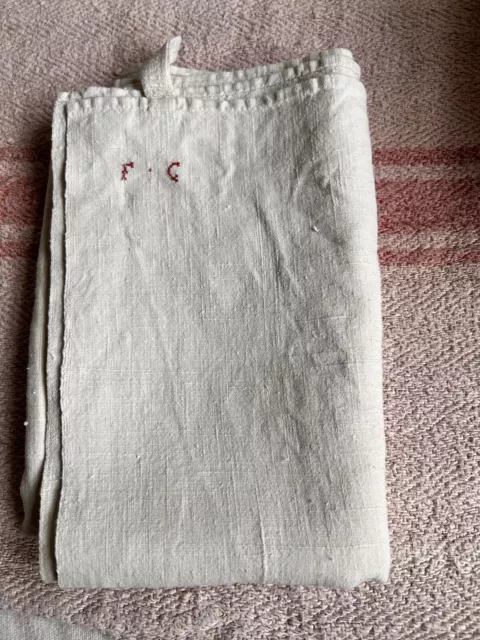 Antique Linen, White Tea Towel / monogram FC/ White Linen Cloth. Vintage Textile