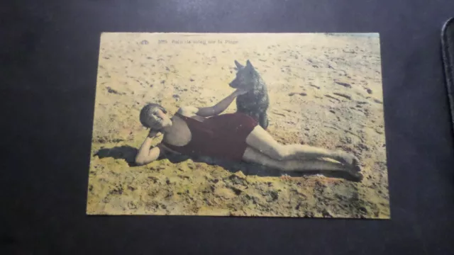 1933 Calais Women's Postcard With Chien Sunbath Old Postcard