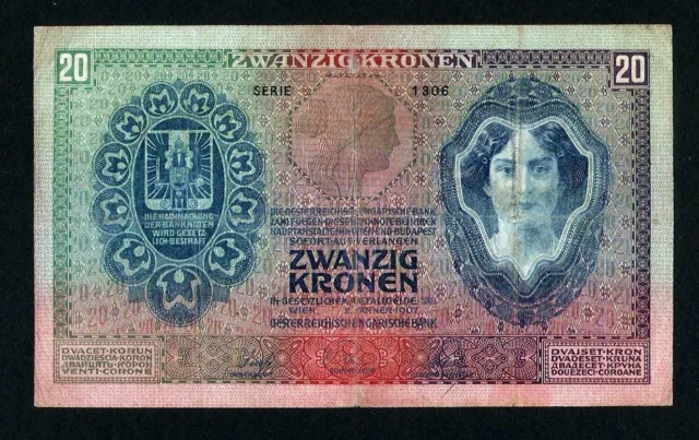 Austria Hungary 20 Korona 1907 . VF condition . Scarce banknote. Pick # 10