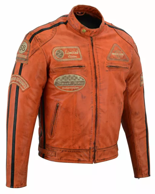 Blouson Moto en cuir Vintage Orange  homme avec CE Protecteurs