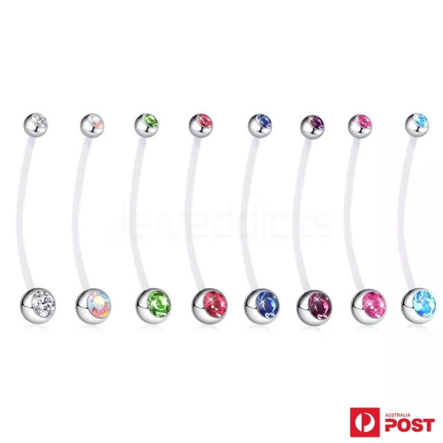 2PCS Belly Bar Ring Pregnancy Flexible Navel Button Piercing Crystal Bioflex