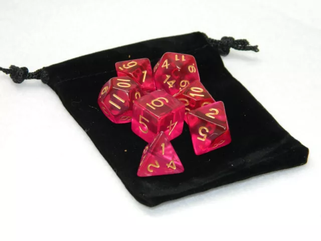 Wiz Dice 7 Die Polyhedral Set Faerie Fire Dark Pink RPG DnD Dice With Dice Bag