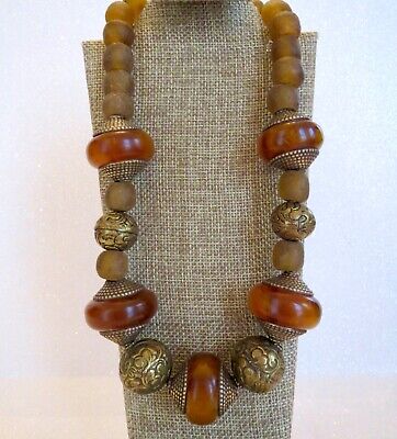 Extra Large TIBETAN AMBER & GLASS BEAD NECKLACE Yellow Gold Plated Clasp 17"Long