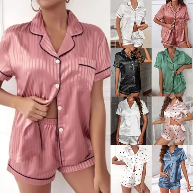 Womens Satin Pyjamas Nightwear Set Ladies Short Sleeve Button Soft Sleepwear PJs