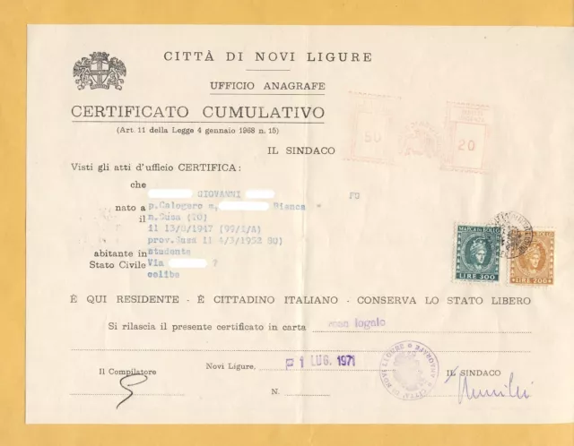 Certificato Cumulativo Comune Citta' Novi Ligure Meccanica Rossa Marche 1971