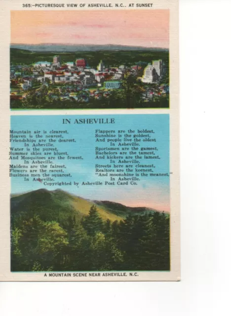 Postcard NC Ashville Sunset View Vintage Linen E32