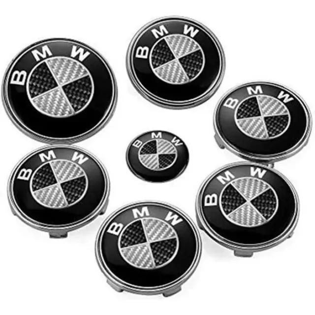 7  LOGO Emblème BMW Noir Gri Capot 82mm + Coffre 74mm +Volant+ 4cache moyeu 68mm