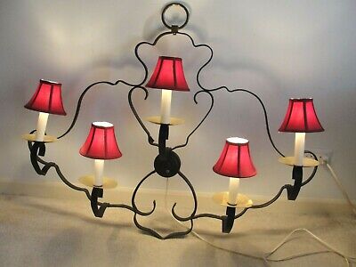WROUGHT IRON ART SCULPTURE HANGING WALL MAROON SCONCE SHADES 5 LIGHT 44"x36" VTG