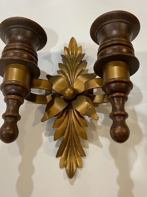 Vtg Double Candle Holder Wall Sconce Wood Metal Leaf Floral MCM Gold Scroll 7"